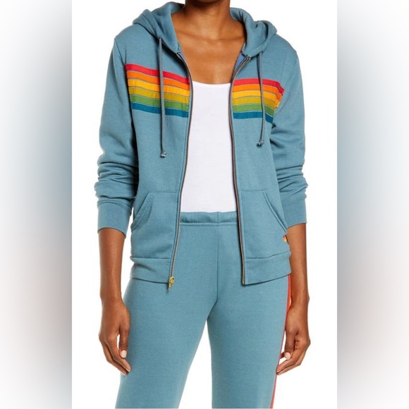 Aviator Nation 6 Stripe Zip Up Hoodie and Sweatpants with Pockets Set - Picture 11 of 17